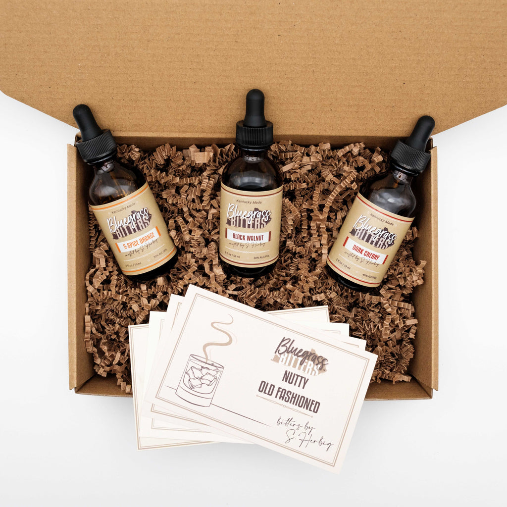 Three bottles of Bluegrass Bitters™ =, including Black Walnut Bitters, 5-Spice Orange Bitters, Dark Cherry Bitters, award winning