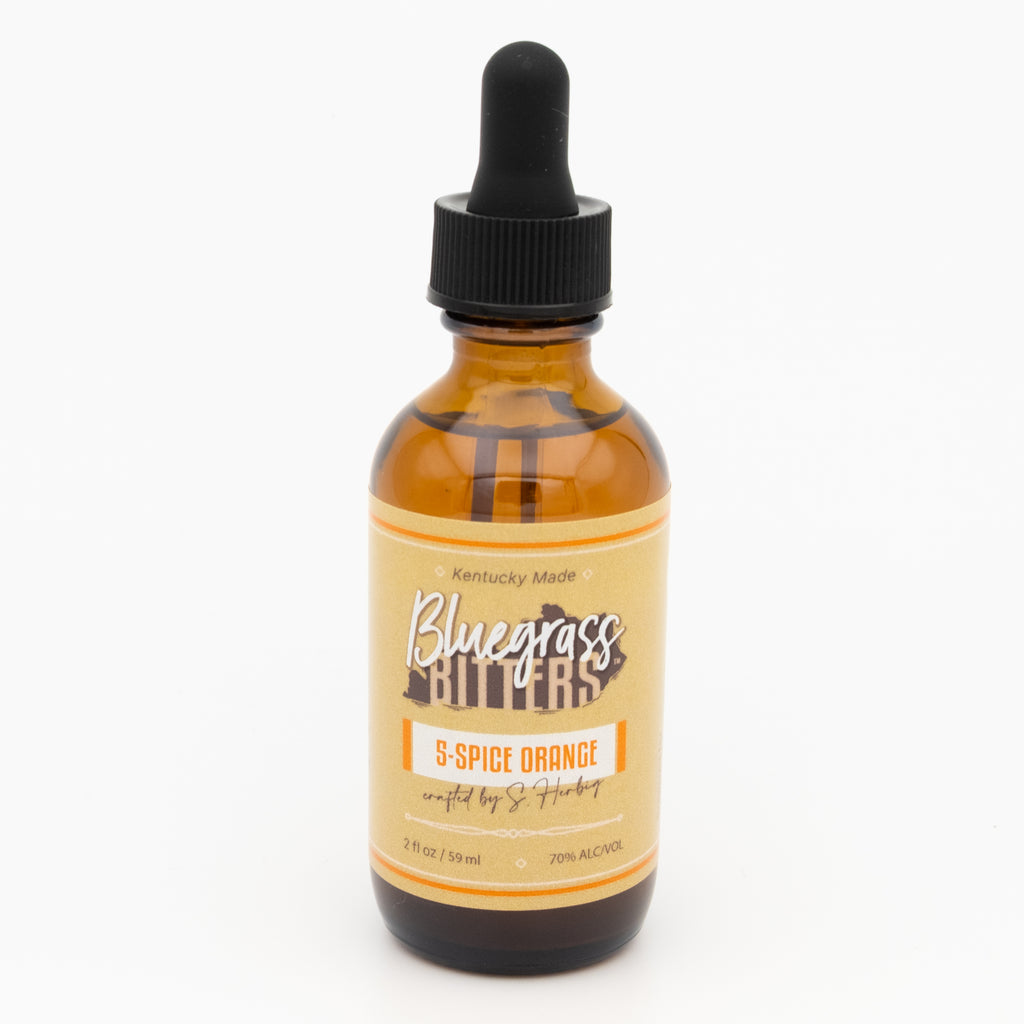 Bottle of Bluegrass Bitters 5-Spice Orange BItters on a white background