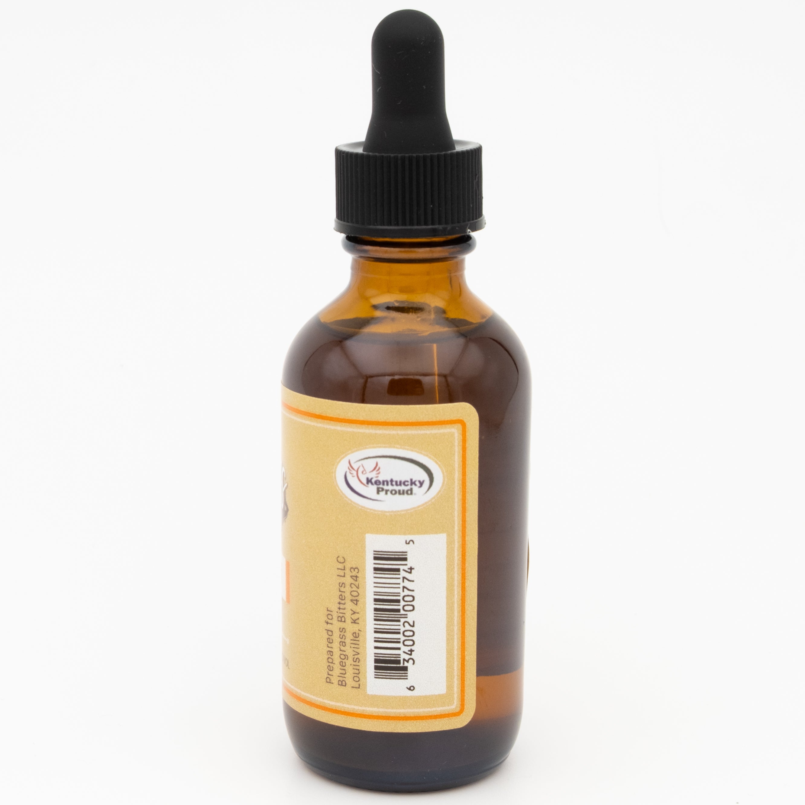 Bottle of bitters with dropper labeled 'Kentucky Proud' on a white background