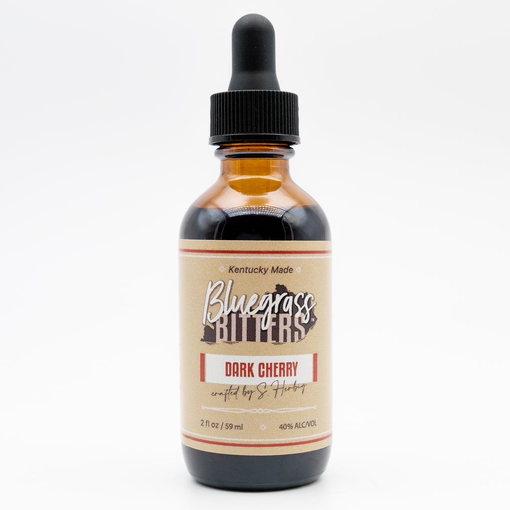 Bluegrass Bitters Dark Cherry Bitters front panel.  2-oz bottle 