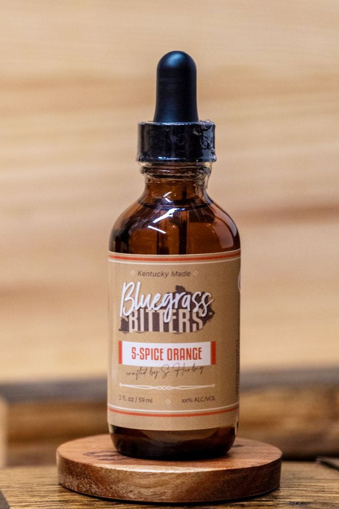 A bottle of Bluegrass Bitters 5-Spice Orange Bitters.